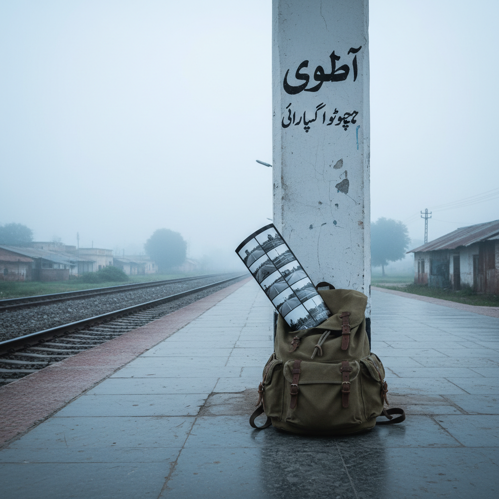 An expansive view of a quiet railway platform in rural Pakistan, entirely devoid of people, where a single, olive-green canvas backpack leans against a chipped white pillar bearing the station’s Urdu name in bold black letters. A printed contact sheet peeks from the backpack’s half-open zipper, revealing tiny, contrasty frames of farmland, highways, and government offices. Weak, early-morning fog hangs in the air, softening distant train tracks and low tin-roofed structures, while pale, cool-blue light seeps through, creating subtle reflections on the metal rails. Photographic realism with an eye-level, wide-angle composition gives a strong sense of place and distance, while gentle desaturation and restrained contrast evoke a sophisticated, introspective atmosphere of travel, observation, and quiet documentation.