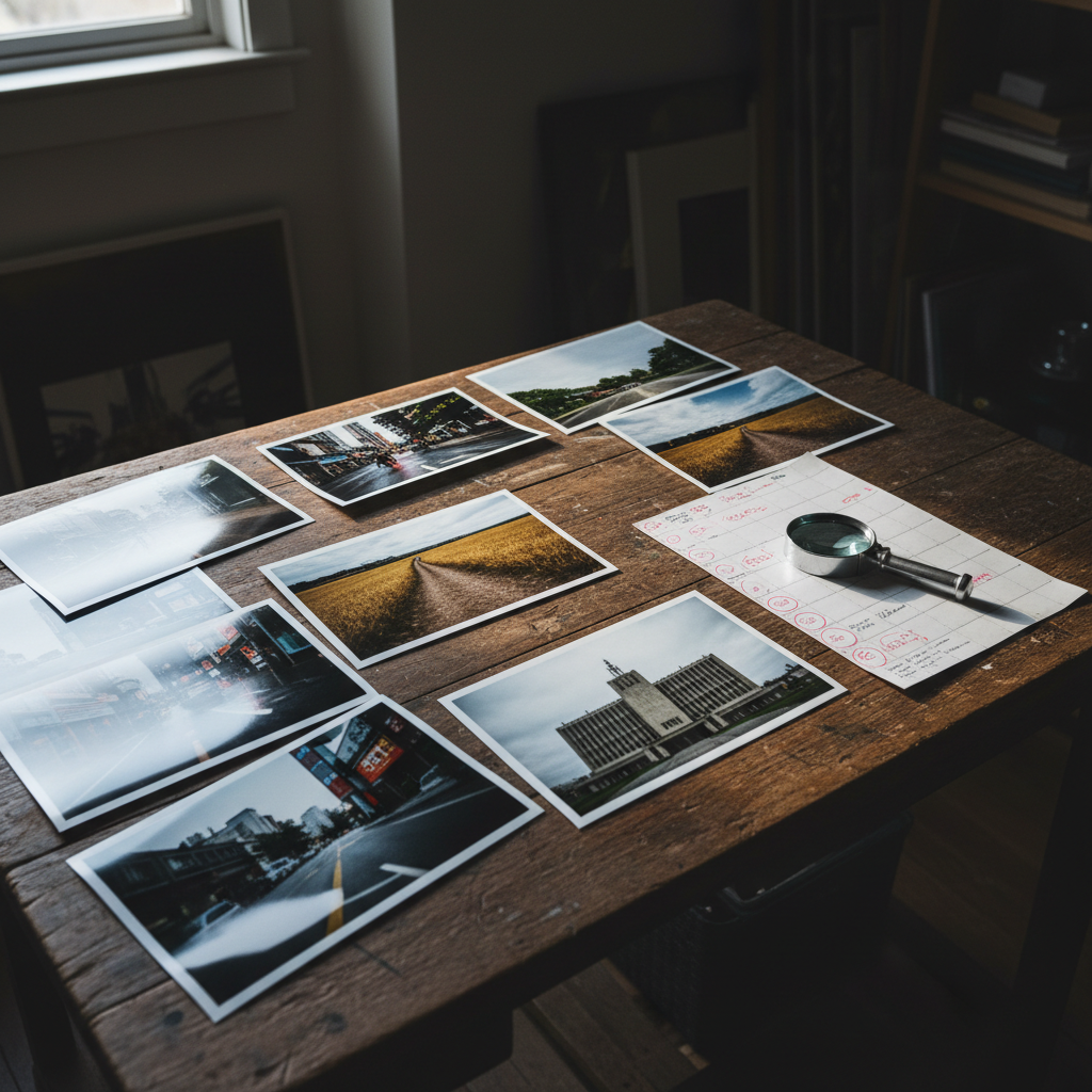 A weathered wooden desk in a modest studio space, covered with scattered 6x9 documentary photo prints depicting urban streets, rural fields, and stark government buildings, all turned face-up but partially overlapping so individual scenes are only hinted at. Beside them lies an open contact sheet marked with grease pencil circles and notes, plus a vintage magnifying loupe casting a tiny shadow. Soft, cool window light spills across the surface from the left, emphasizing the subtle sheen of the photo paper and the grain of the wood, while the rest of the room falls into gentle darkness. Captured from a high, three-quarter angle with sharp focus across the frame, this realistic, editorial-style image radiates a sophisticated sense of deliberation, narrative construction, and visual storytelling craft.