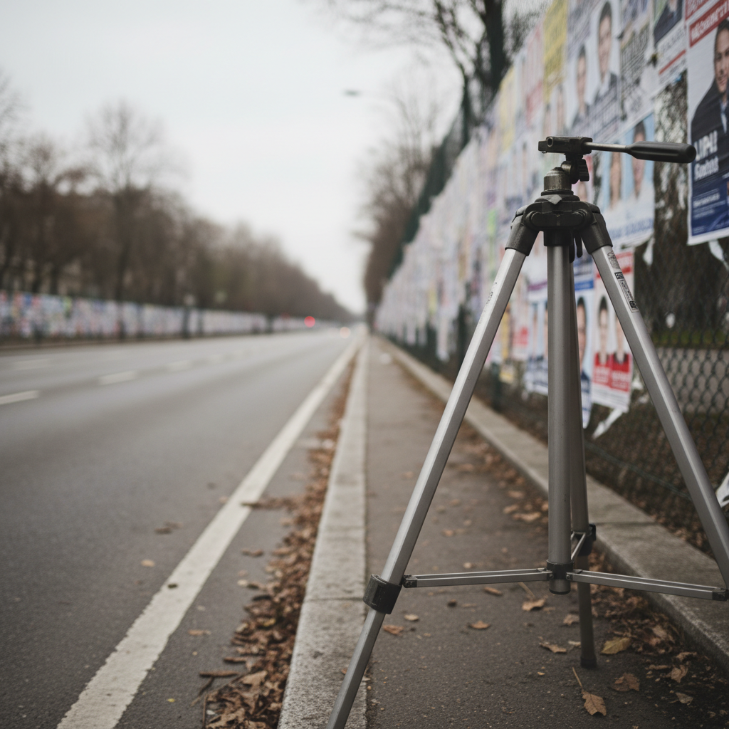 A sturdy metal tripod planted firmly at the edge of a broad, empty boulevard, its legs splayed across faded road markings and scattered dried leaves. In the near distance, a row of political campaign posters flutters on a wire fence, their colors subtly out of focus but clearly layered and overlapping, hinting at an intense election season. The scene is lit by overcast, diffused daylight, washing the environment in soft, even tones while a faint reflection glints on the tripod’s brushed aluminum joints. Shot from a slightly low angle with the tripod dominating the foreground and the street receding into soft blur, the photographic realism and restrained color palette convey a quiet yet charged atmosphere of anticipation and civic tension.