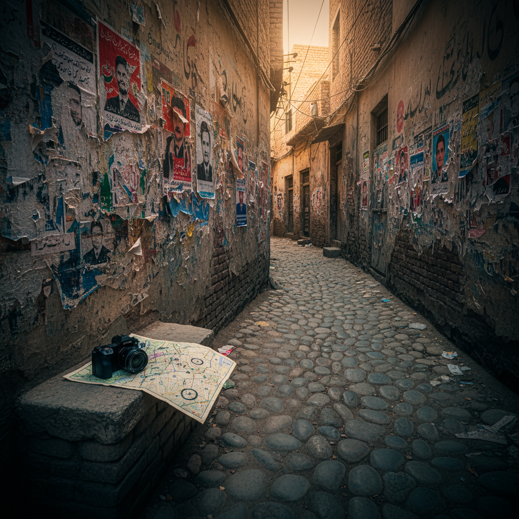 A narrow alleyway in an old Pakistani neighborhood rendered without people, where political posters, hand-painted slogans, and weathered banners cling to cracked walls in multiple layers, partially torn to reveal older messages beneath. At ground level, a single, modern mirrorless camera rests on a low stone ledge beside a folded city map marked with ink circles and arrows. Warm, late-evening light filters in from the far end of the alley, creating a gradual gradient from deep shadow in the foreground to golden glow in the distance. Photographic realism with a deep depth of field keeps the peeling textures, faded inks, and rough cobblestones crystal clear, while a rule-of-thirds composition and subtle vignetting create a contemplative, sophisticated mood about history, memory, and shifting political narratives.