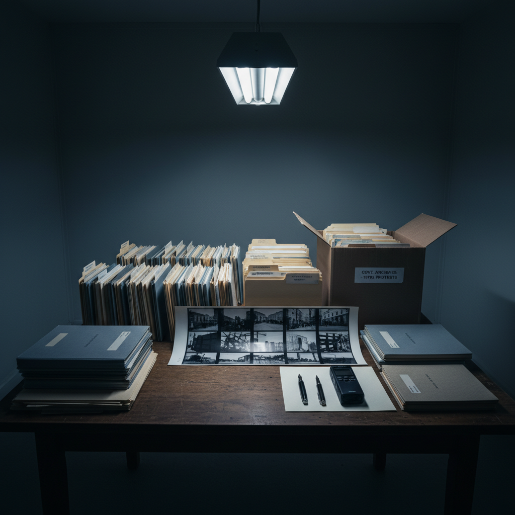A dimly lit archival table inside a small institutional room, where rows of labeled manila folders and bound reports are stacked neatly beside a single, open document box. On the table lies an unfolded black-and-white contact print strip showing abstracted glimpses of protests, barricades, and government facades, though no people are visible. A modern digital voice recorder and a black fountain pen sit parallel to the strip, their metallic and glossy surfaces catching the light. Overhead, a solitary fluorescent fixture casts cool, clinical illumination, creating crisp shadows and emphasizing the matte textures of paper and cardboard. Photographic realism with a centered, symmetrical composition and moderate depth of field expresses a sophisticated mood of investigative rigor, political memory, and the meticulous background work behind documentary photography.